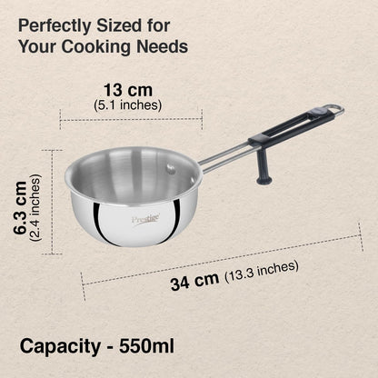 Prestige 13cm/550ml Tri-Ply Stainless Steel Splendor Tadka Pan|Gas & Induction Compatible| Rimmed Edge| in-Built Stand| Heat Resistance Handle| Thick Gauge