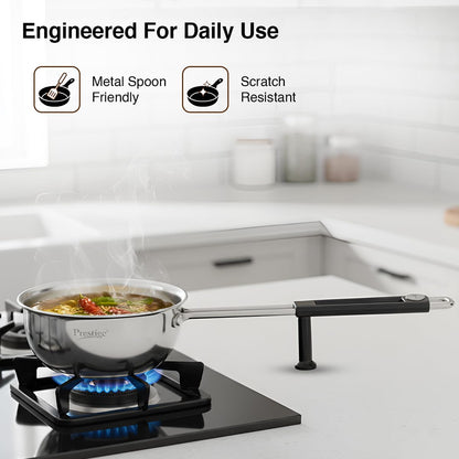 Prestige 11cm/300ml Tri-Ply Stainless Steel Splendor Tadka Pan| Gas & Induction Compatible| Rimmed Edge| in-Built Stand| Heat Resistance Handle| Thick Gauge