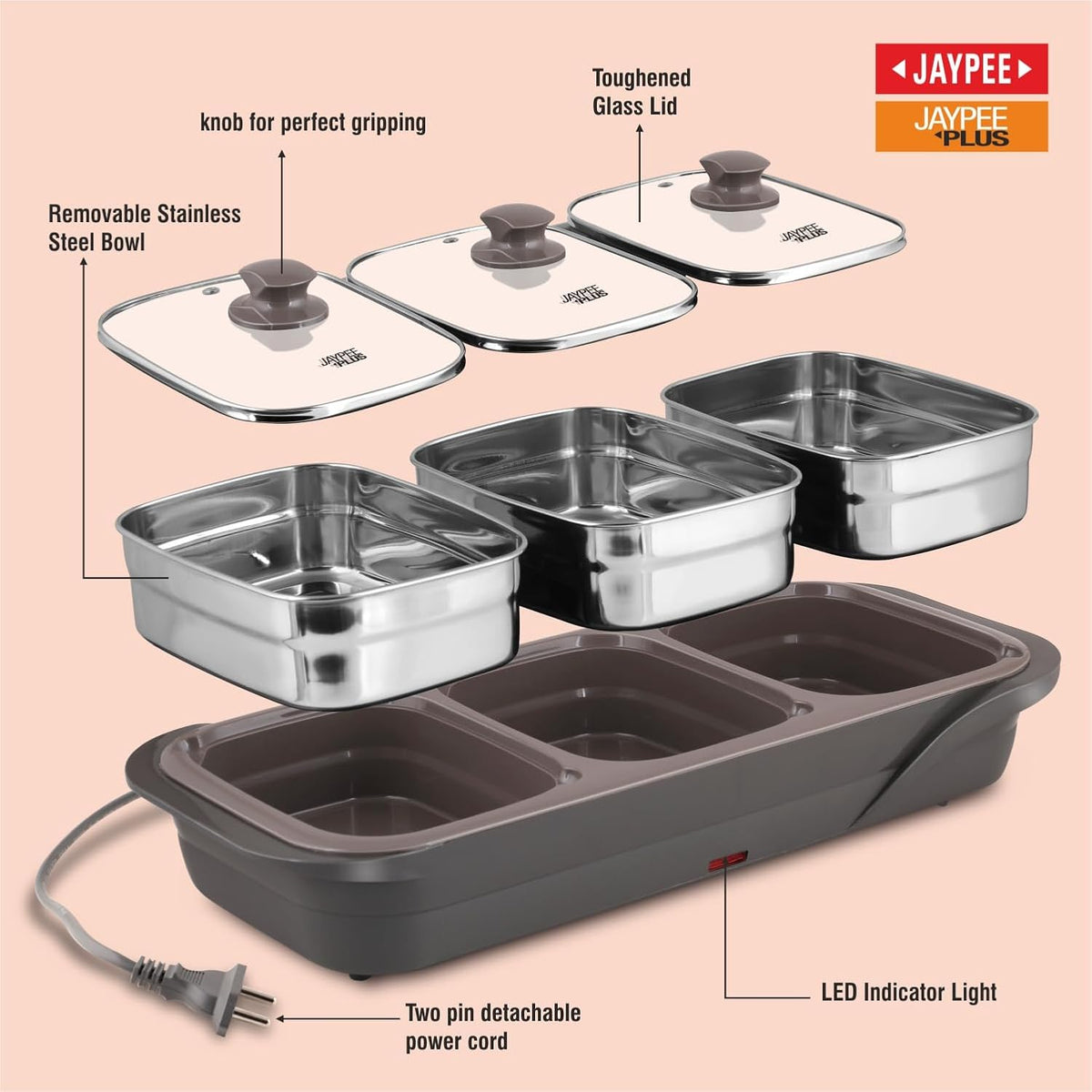 Jaypee Plus E-3 Bowl Electrical Serving Casserole,1000 ml Each | Removable Container Stainless Steel 3 Dish Food Buffet Server 3 in 1 Electiric Bowl for Reheating Food, Grey