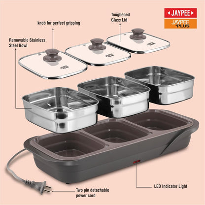 Jaypee Plus E-3 Bowl Electrical Serving Casserole,1000 ml Each | Removable Container Stainless Steel 3 Dish Food Buffet Server 3 in 1 Electiric Bowl for Reheating Food, Grey