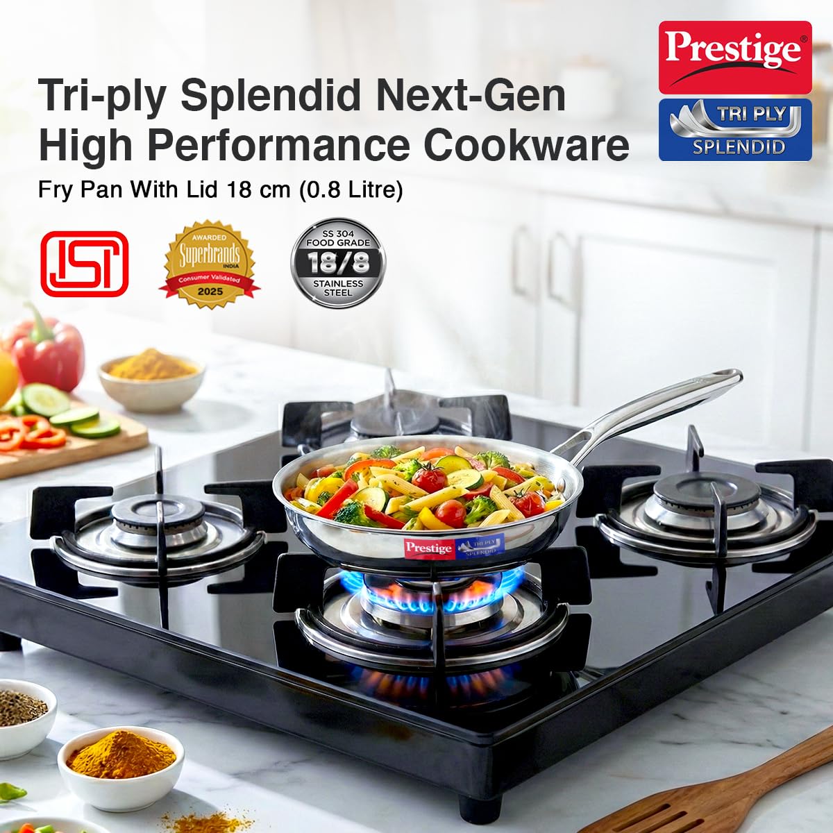 Prestige 18cm/0.8L Tri-Ply Stainless Steel Splendid Fry Pan| Gas and Induction Compatible |Even Heat Distribution| Thick Gauge Tri-Ply Body| 15 Year Warranty
