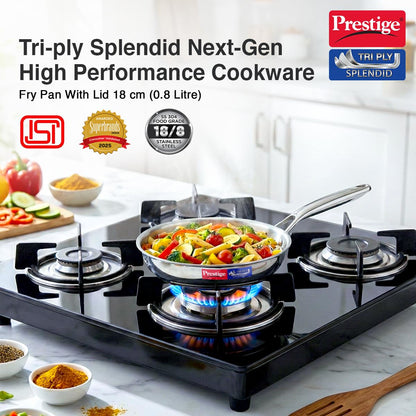 Prestige 18cm/0.8L Tri-Ply Stainless Steel Splendid Fry Pan| Gas and Induction Compatible |Even Heat Distribution| Thick Gauge Tri-Ply Body| 15 Year Warranty