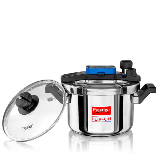 Prestige 3L Stainless Steel Flip On Mini Svachh Outerlid Pressure Cooker with Glass Lid|Deep lid for spillage control|Lid with single hand operation|Gas/Induction Compatible|5Y warranty|ISI Certified
