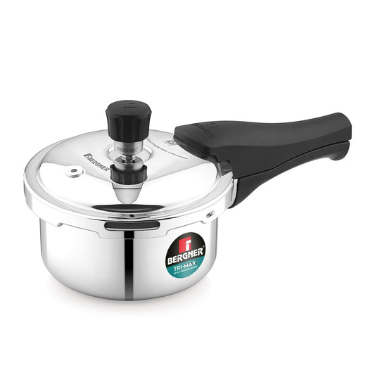 Bergner Tri-Max Junior Triply 1 Litre Pressure Cooker, Triply Body, Outer Lid Mini Pressure Cooker, Healthy Cooking, Safety Valve, Measuring Scale Inside, ISI Certified - Induction and Gas Stove Ready