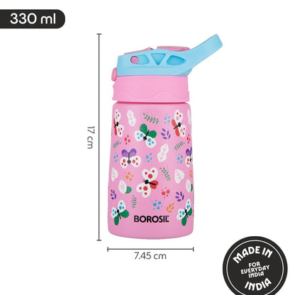 Borosil 330ml Butterfly Kids Stainless Steel Bottle | ISI Certified Made in India | 8 Hrs Hot & Cold Double Wall Vacuum Insulated Flask | Push & Straw Lid | Powder Coated Finish | 1 Year Warranty