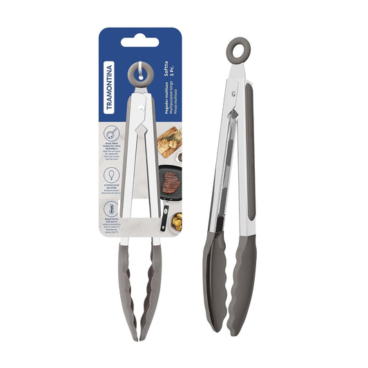 Tramontina Softta Grey Silicone Multipurpose Tongs, 27cm – Heat Resistant up to 210°C –Stainless Steel Handle with Pull-Ring Lock – Ideal for Grilling, Serving & Cooking