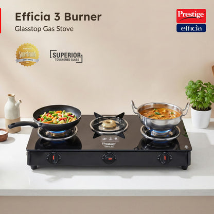 Prestige Efficia LP Open Gas Stove with Powder-Coated Body, Glass Top & 3 Brass Burners