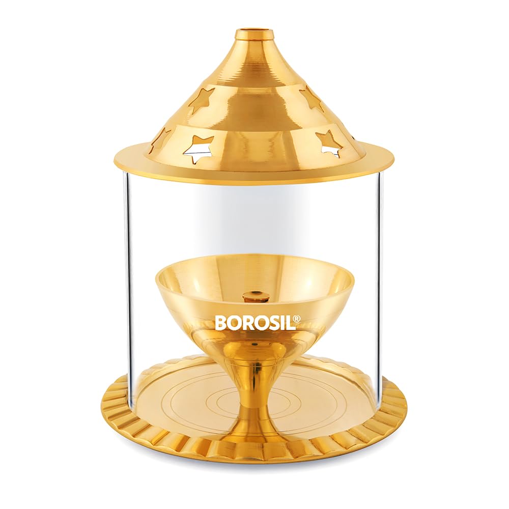 Borosil Medium Size Akhand Diya Decorative Brass Glass Oil Lamp | Tea Light Holder | Diya with Borosilicate Glass | Puja Dia for Mandir | Lantern with Cover