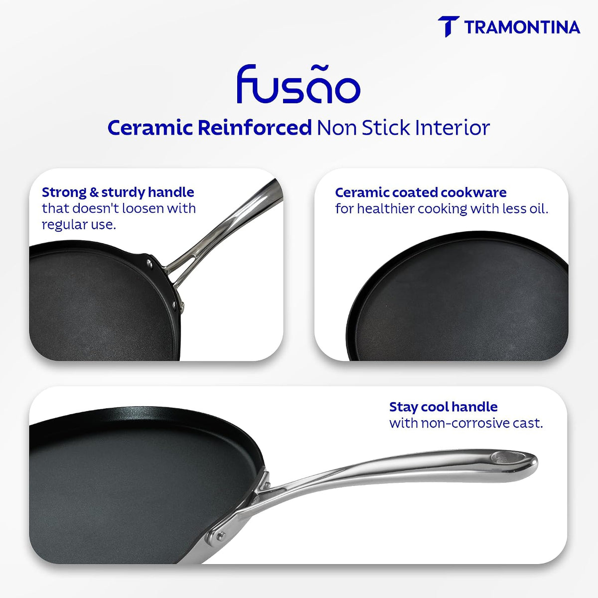 TRAMONTINA Fusao Triply Ceramic-Reinforced Dosa Tawa 32cm | 3mm Thickness | Long-Lasting Performance | Perfect for Dosa, Uttapam, Roti & Paratha | All Cooktop Compatible