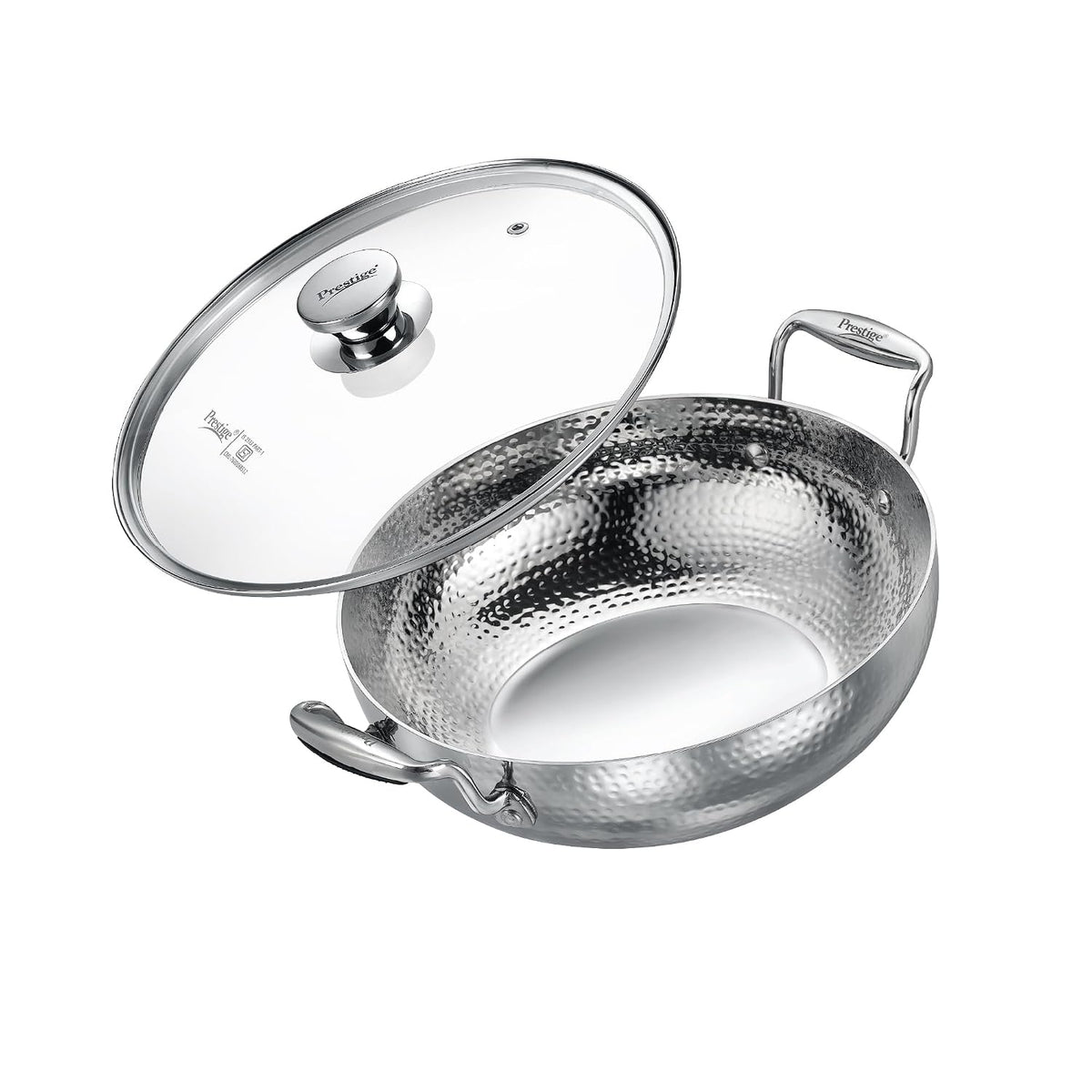 Prestige Tri Ply Hammered Stainless Steel Deep Kadai Dia 20 cm / 1.9 L with Glass Lid
