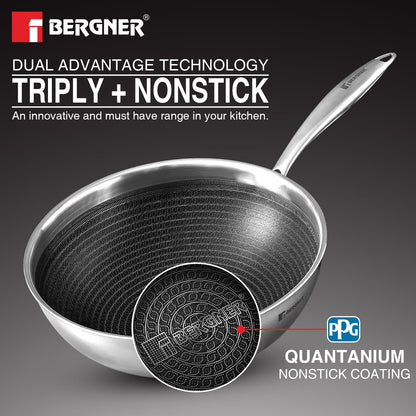 Bergner Hi-Tech TriPly Stainless Steel 28cm (4.5 L) Wok with Glass Lid, Honeycomb Non-Stick Coating Chinese Kadai, Non-Toxic, Healthy, Less Oil Use, Durable Handle, Excellent Grip - Induction Bottom