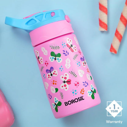 Borosil 330ml Butterfly Kids Stainless Steel Bottle | ISI Certified Made in India | 8 Hrs Hot & Cold Double Wall Vacuum Insulated Flask | Push & Straw Lid | Powder Coated Finish | 1 Year Warranty