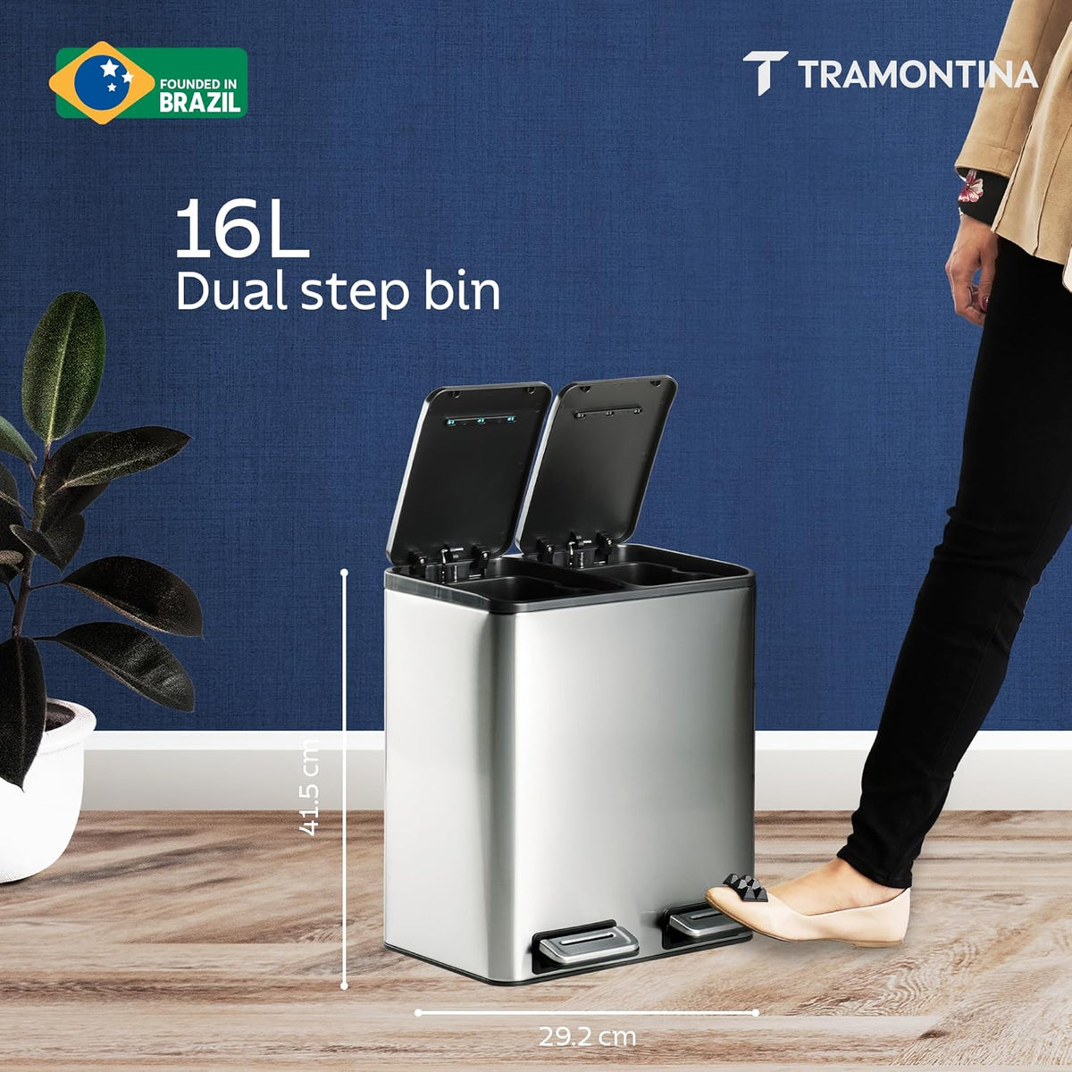 TRAMONTINA 2-in-1 Dual Compartment Dustbin 16L (8L+8L) | Stainless Steel Wet & Dry Trash Can | Soft-Close | Removable Inner Buckets | Anti-Fingerprint | Rectangle Bin