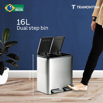 TRAMONTINA 2-in-1 Dual Compartment Dustbin 16L (8L+8L) | Stainless Steel Wet & Dry Trash Can | Soft-Close | Removable Inner Buckets | Anti-Fingerprint | Rectangle Bin