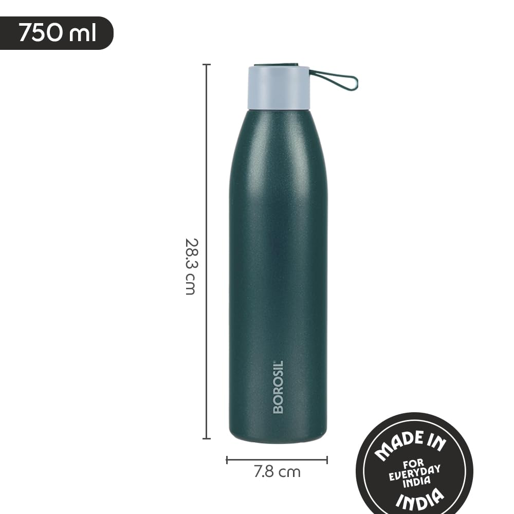Borosil Hydra 750ml Duomate Green Stainless Steel Bottle | 24 Hours Hot and Cold Double Wall Vacuum Insulated with Copper Coating | 1 Year Warranty