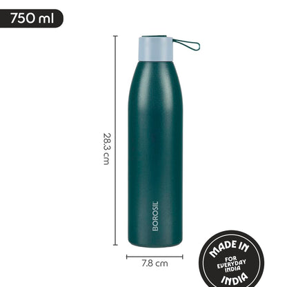 Borosil Hydra 750ml Duomate Green Stainless Steel Bottle | 24 Hours Hot and Cold Double Wall Vacuum Insulated with Copper Coating | 1 Year Warranty