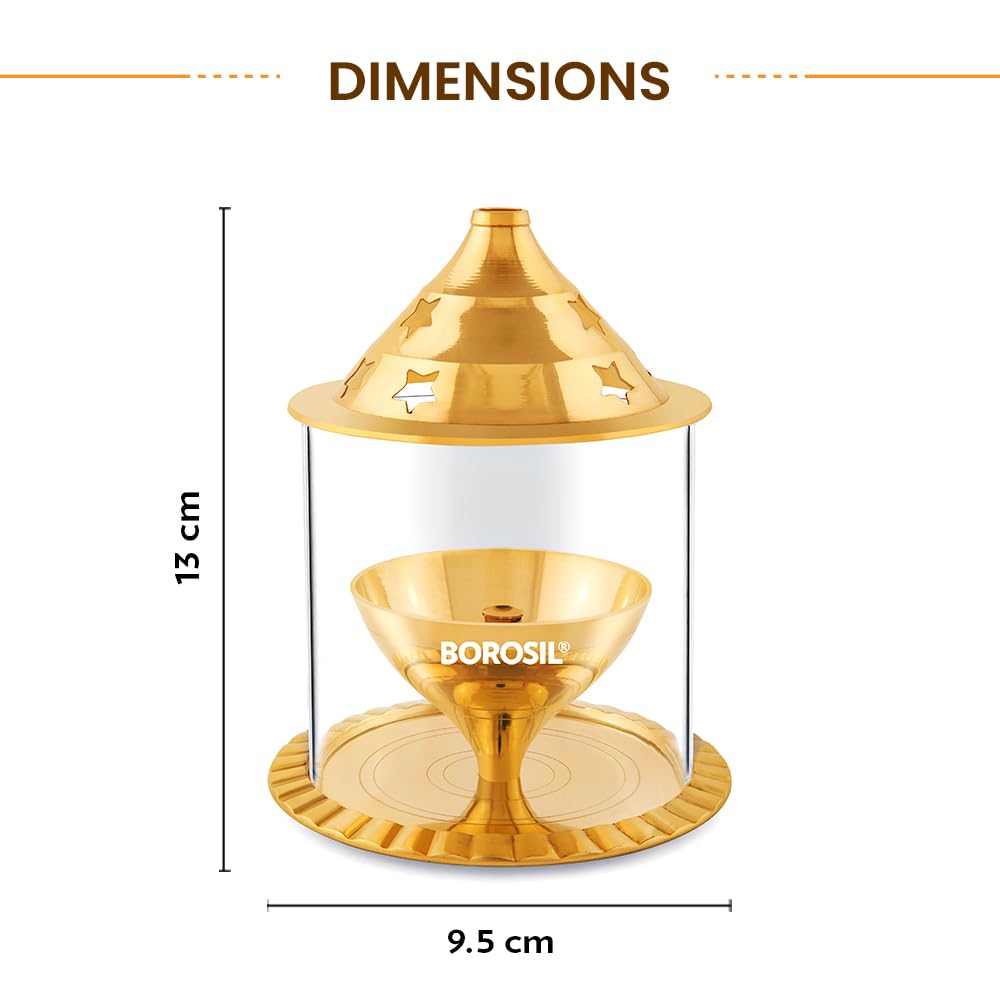 Borosil Medium Size Akhand Diya Decorative Brass Glass Oil Lamp | Tea Light Holder | Diya with Borosilicate Glass | Puja Dia for Mandir | Lantern with Cover