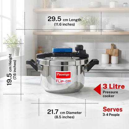Prestige 3L Stainless Steel Flip On Mini Svachh Outerlid Pressure Cooker with Glass Lid|Deep lid for spillage control|Lid with single hand operation|Gas/Induction Compatible|5Y warranty|ISI Certified