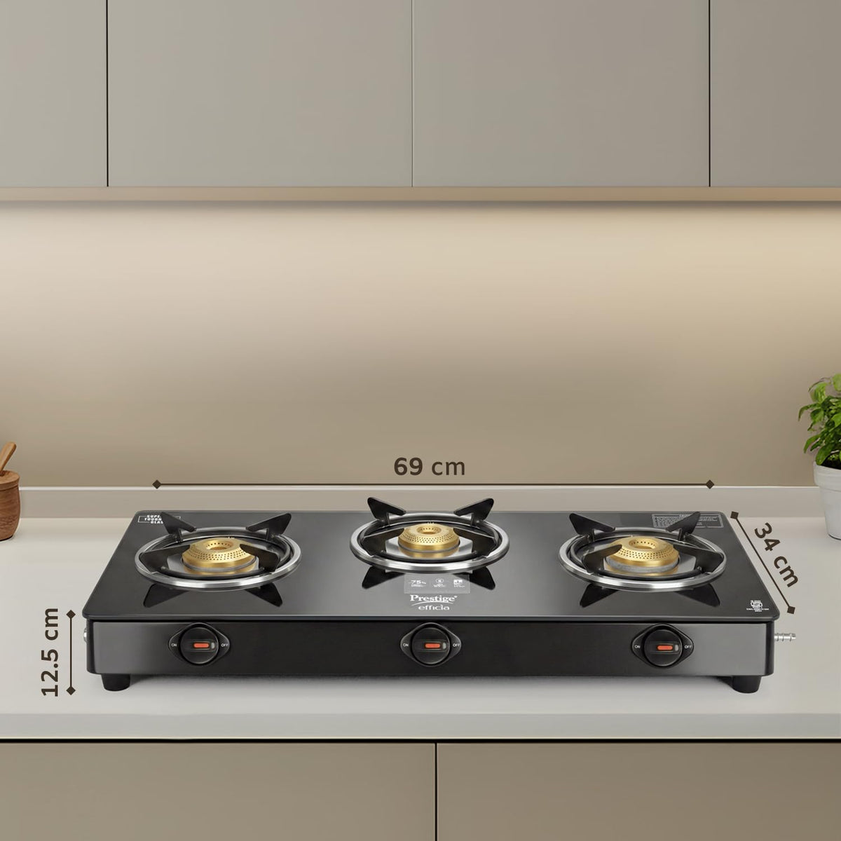 Prestige Efficia LP Open Gas Stove with Powder-Coated Body, Glass Top & 3 Brass Burners