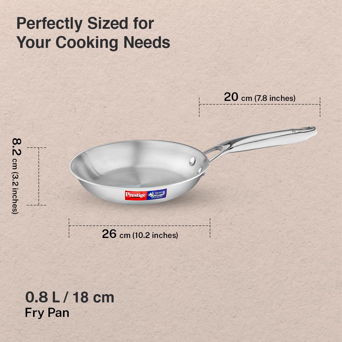 Prestige 18cm/0.8L Tri-Ply Stainless Steel Splendid Fry Pan| Gas and Induction Compatible |Even Heat Distribution| Thick Gauge Tri-Ply Body| 15 Year Warranty