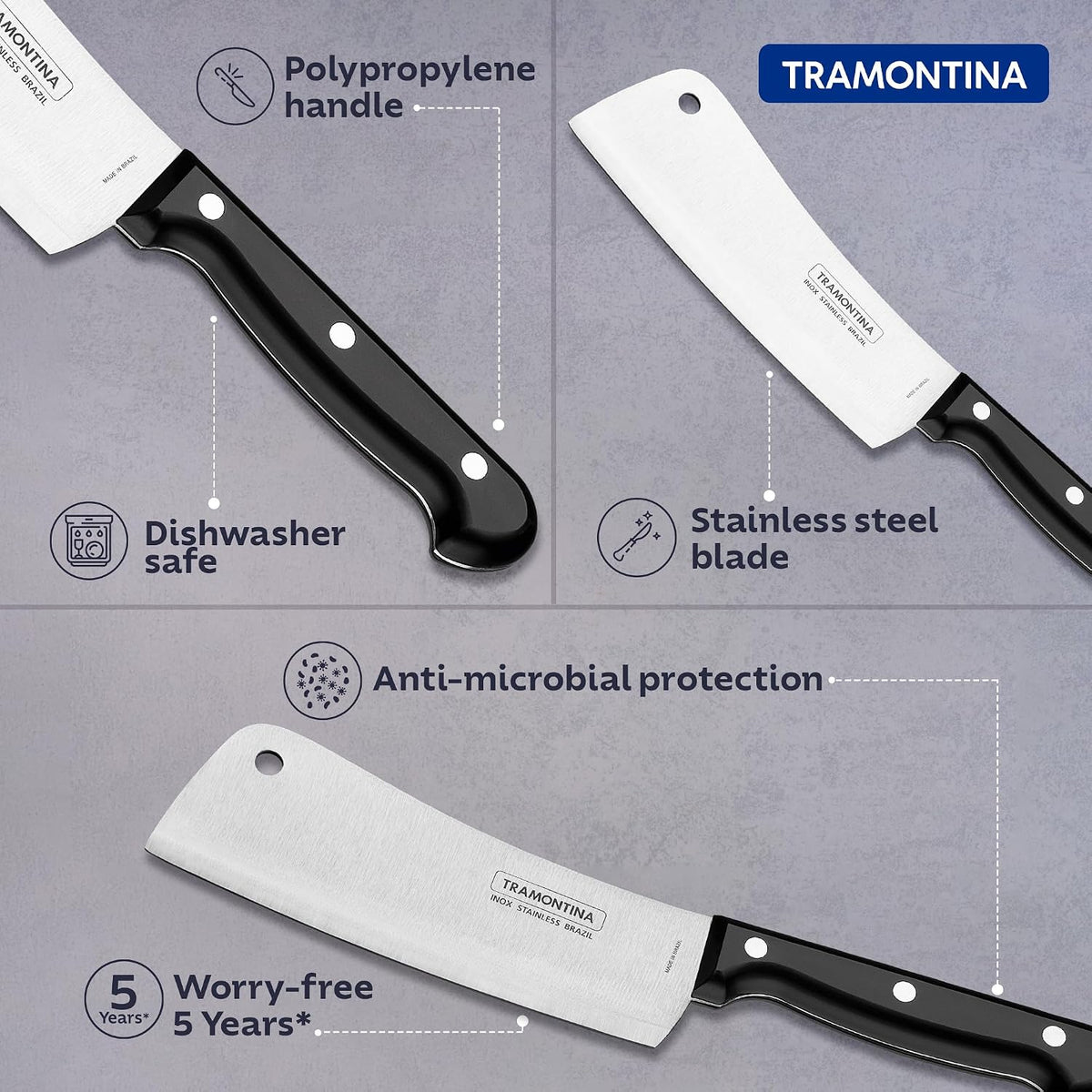 TRAMONTINA Ultraacorte 15.2cm / 6" Cleaver Knife | Stainless Steel Blade | Big Kitchen Knife for Large Vegetables/Fish | Straight/Plain Edge | Polypropylene Handle | 5 Year Warranty