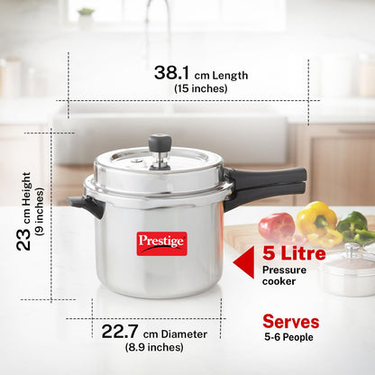 Prestige Popular Plus Svachh Virgin Aluminium Spillage Control Outer Lid Pressure Cooker, 5 L (Silver), 5 Liter