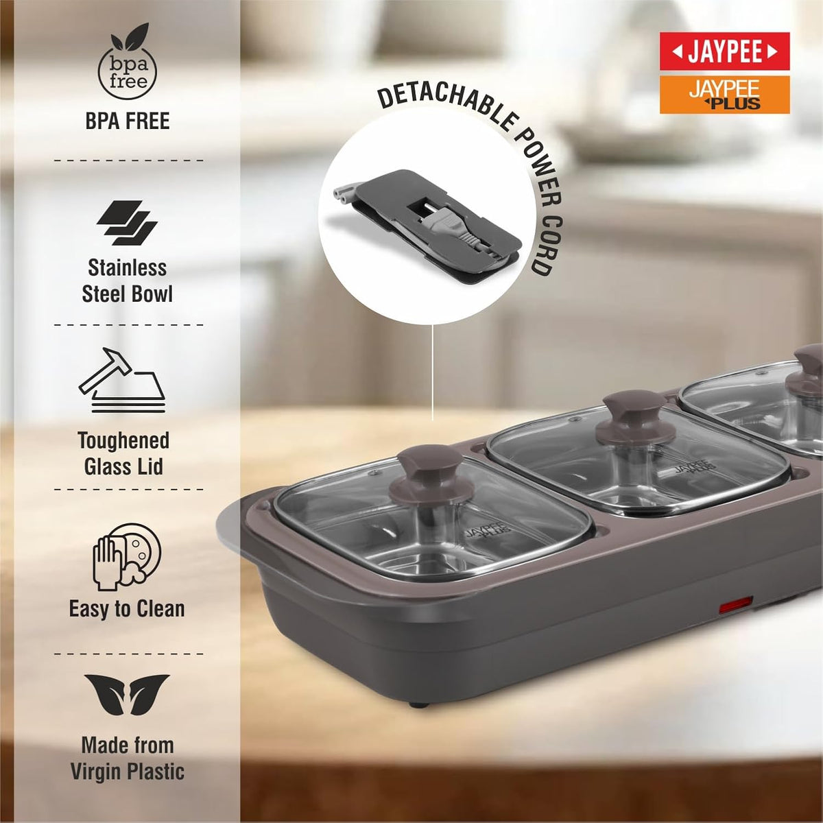 Jaypee Plus E-3 Bowl Electrical Serving Casserole,1000 ml Each | Removable Container Stainless Steel 3 Dish Food Buffet Server 3 in 1 Electiric Bowl for Reheating Food, Grey