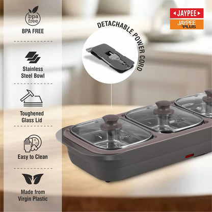 Jaypee Plus E-3 Bowl Electrical Serving Casserole,1000 ml Each | Removable Container Stainless Steel 3 Dish Food Buffet Server 3 in 1 Electiric Bowl for Reheating Food, Grey