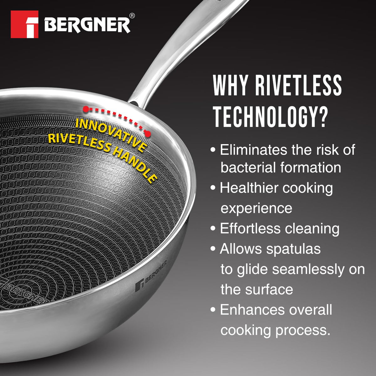 Bergner Hi-Tech TriPly Stainless Steel 28cm (4.5 L) Wok with Glass Lid, Honeycomb Non-Stick Coating Chinese Kadai, Non-Toxic, Healthy, Less Oil Use, Durable Handle, Excellent Grip - Induction Bottom