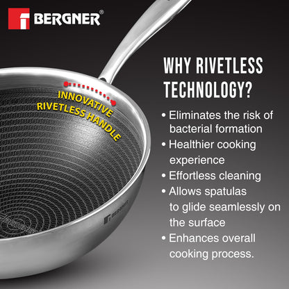 Bergner Hi-Tech TriPly Stainless Steel 28cm (4.5 L) Wok with Glass Lid, Honeycomb Non-Stick Coating Chinese Kadai, Non-Toxic, Healthy, Less Oil Use, Durable Handle, Excellent Grip - Induction Bottom
