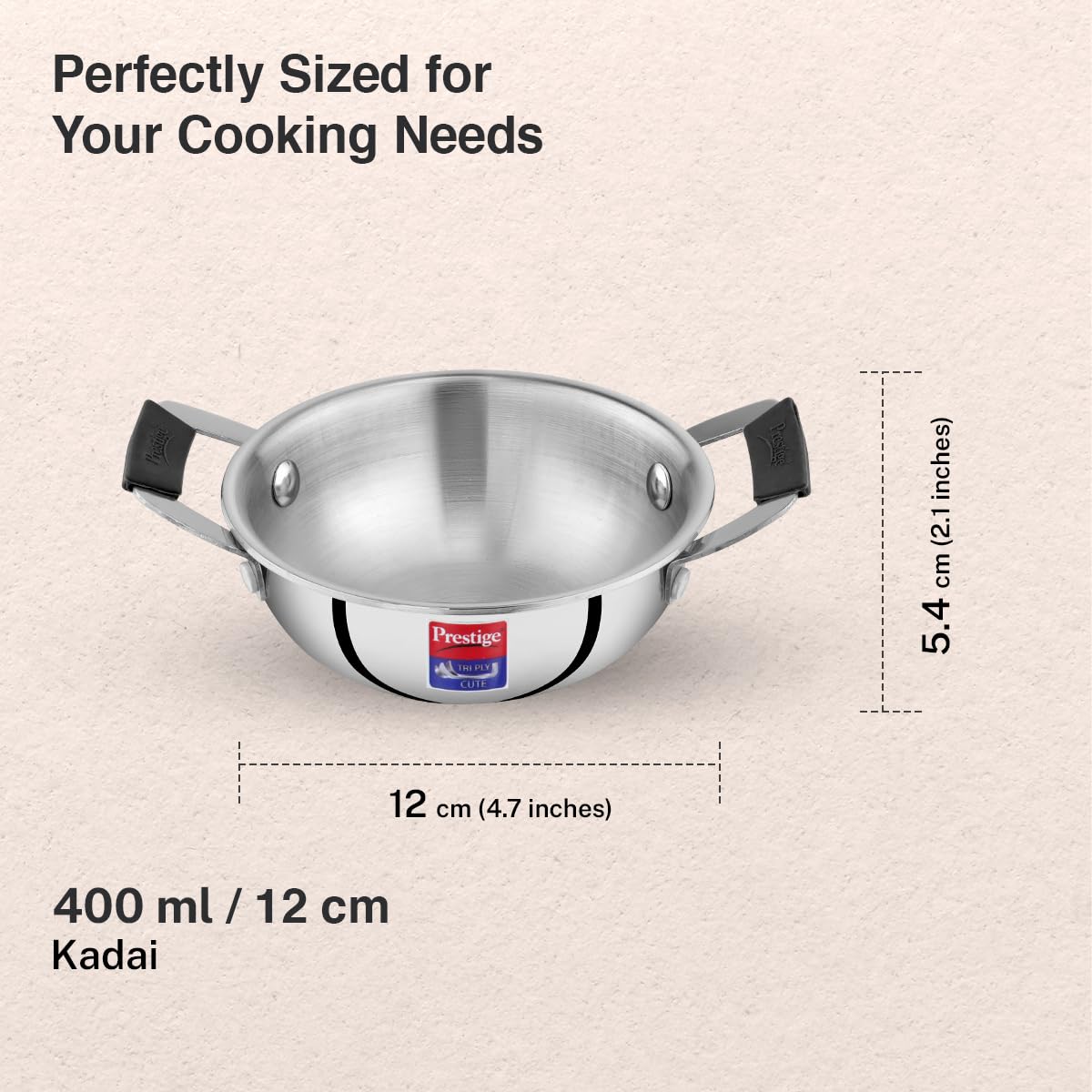 Prestige 12cm/400ml Tri-Ply Stainless Steel Cute Kadai|Gas & Induction Compatible| Even Heat Distribution|Perma-Cool Handles|Thick Gauge