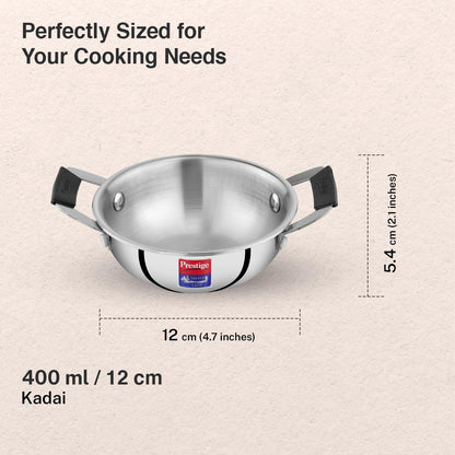 Prestige 12cm/400ml Tri-Ply Stainless Steel Cute Kadai|Gas & Induction Compatible| Even Heat Distribution|Perma-Cool Handles|Thick Gauge