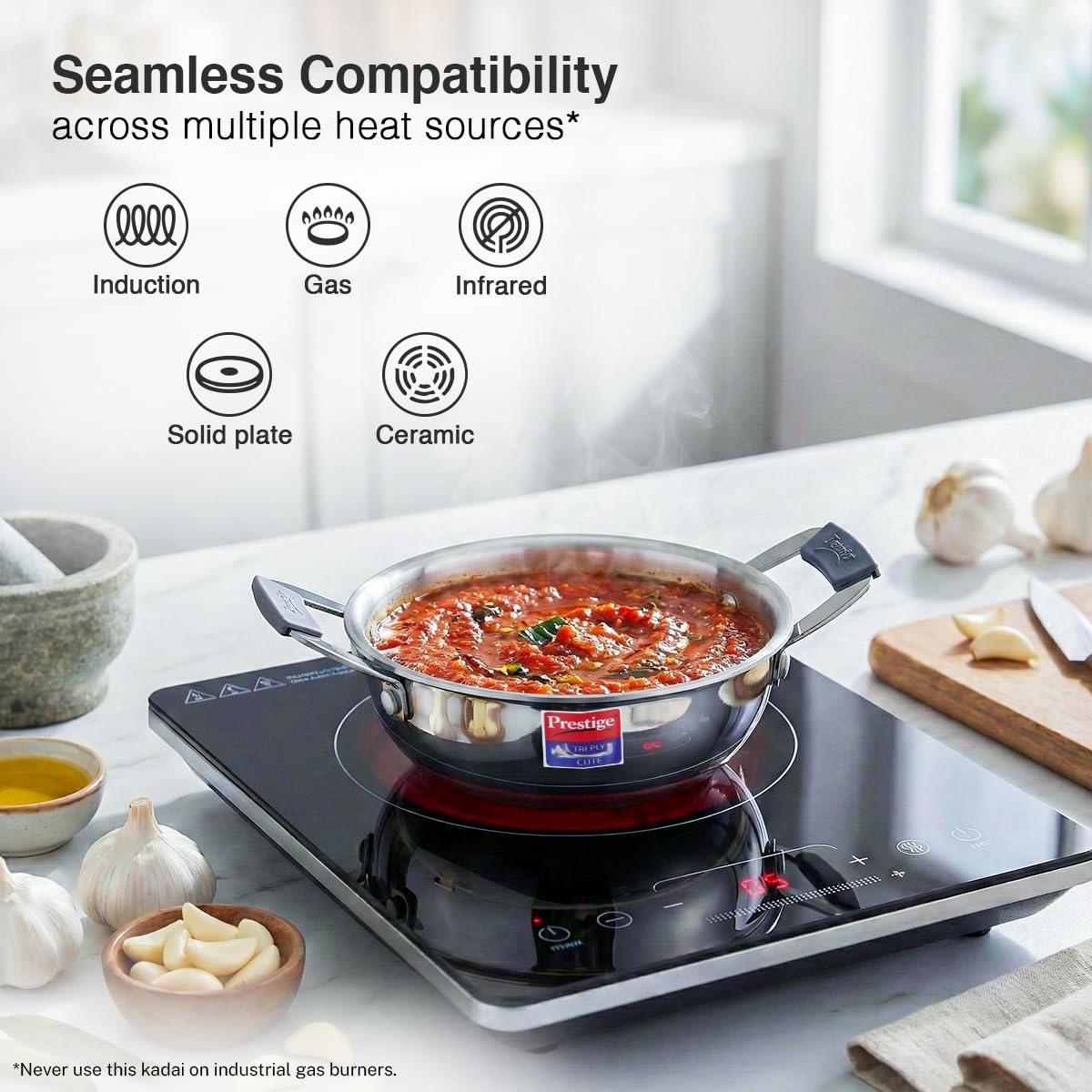 Prestige 12cm/400ml Tri-Ply Stainless Steel Cute Kadai|Gas & Induction Compatible| Even Heat Distribution|Perma-Cool Handles|Thick Gauge