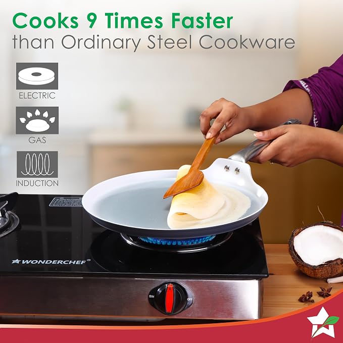 Wonderchef Eco-Glide Dosa Tawa | Chemical-Free Ceramic Coating | 28cm | Healthy, Low Oil Meals | Scratch-Resistant | Stainless-Steel Handle | Gas & Induction Compatible | Grey | Easy to Clean