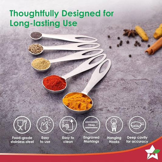 Wonderchef Ambrosia Stainless-Steel Measuring Spoons with 5 Engraved Measurements | 1.25ml, 2.5ml, 5ml. 7.5ml, 15ml | for Dry or Liquid Ingredients | Precise Cooking and Baking | 1-Year Warranty