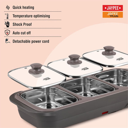 Jaypee Plus E-3 Bowl Electrical Serving Casserole,1000 ml Each | Removable Container Stainless Steel 3 Dish Food Buffet Server 3 in 1 Electiric Bowl for Reheating Food, Grey