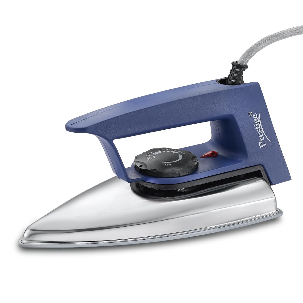 Prestige Magic Cruise 600W Dry Iron|Greblon Non-Stick Coated Sole Plate|Wide Range Of Fabric Interface|Light Weight|Neon Indicator Light|2 Year Warranty|Blue & Silver