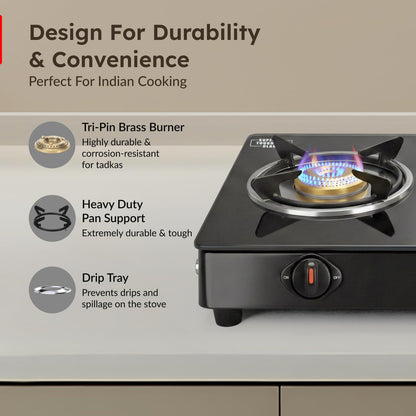 Prestige Efficia LP Open Gas Stove with Powder-Coated Body, Glass Top & 3 Brass Burners