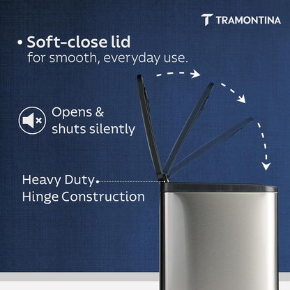 TRAMONTINA 2-in-1 Dual Compartment Dustbin 16L (8L+8L) | Stainless Steel Wet & Dry Trash Can | Soft-Close | Removable Inner Buckets | Anti-Fingerprint | Rectangle Bin