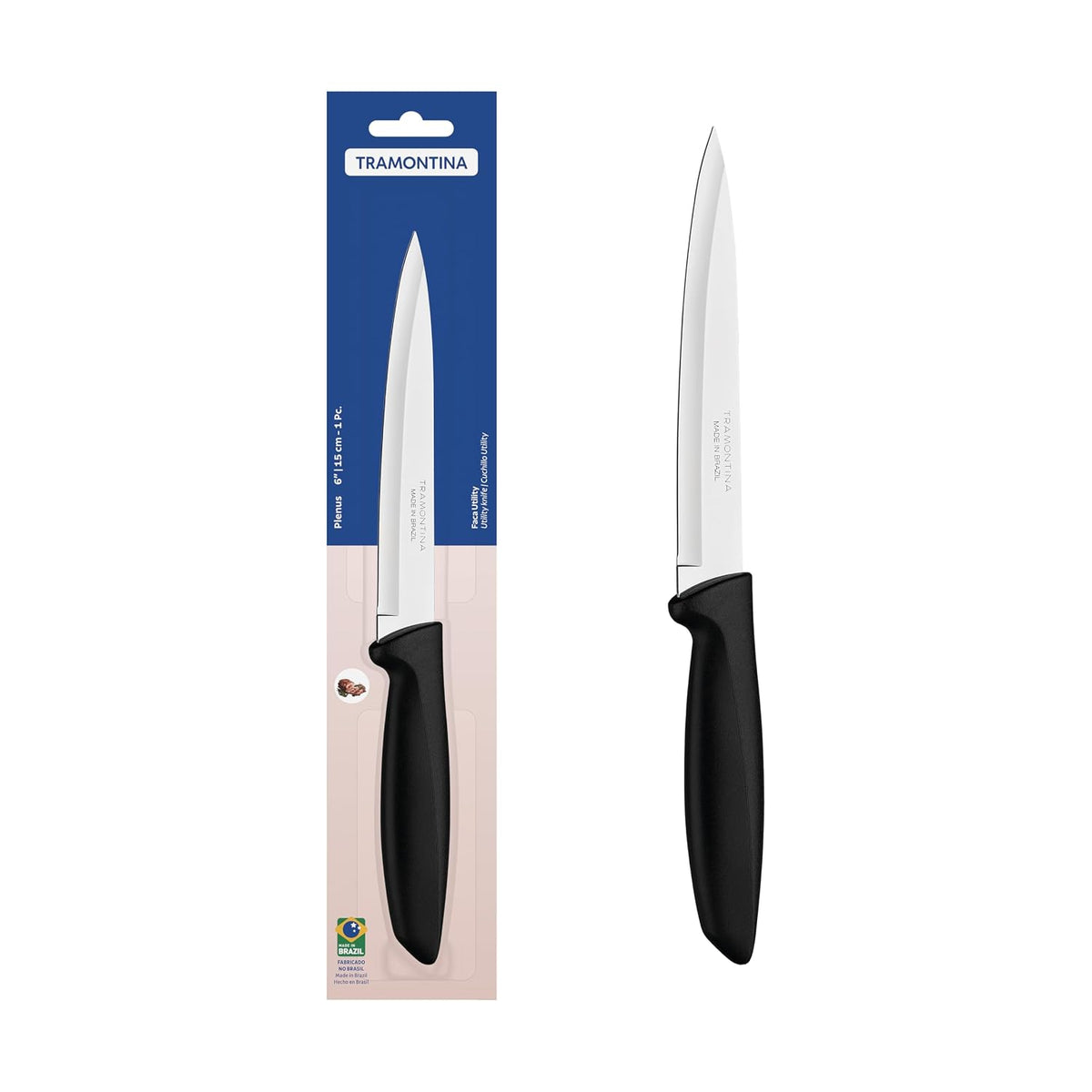 Tramontina Plenus 6-Inch Utility Knife – Stainless Steel Blade with Sword-Shaped Tip and Black Polypropylene Handle, Dishwasher Safe