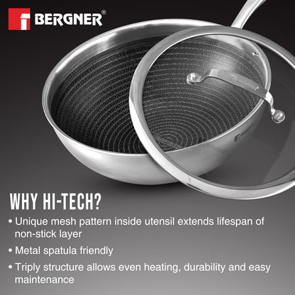 Bergner Hi-Tech TriPly Stainless Steel 28cm (4.5 L) Wok with Glass Lid, Honeycomb Non-Stick Coating Chinese Kadai, Non-Toxic, Healthy, Less Oil Use, Durable Handle, Excellent Grip - Induction Bottom