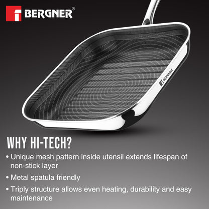 BERGNER Hi-Tech TriPly Stainless Steel 24cm Grill Pan, Honeycomb Non-Stick Coating, Healthy Cooking, Less Oil Use, Durable Handle with Excellent Grip - Induction and Gas Stove Ready
