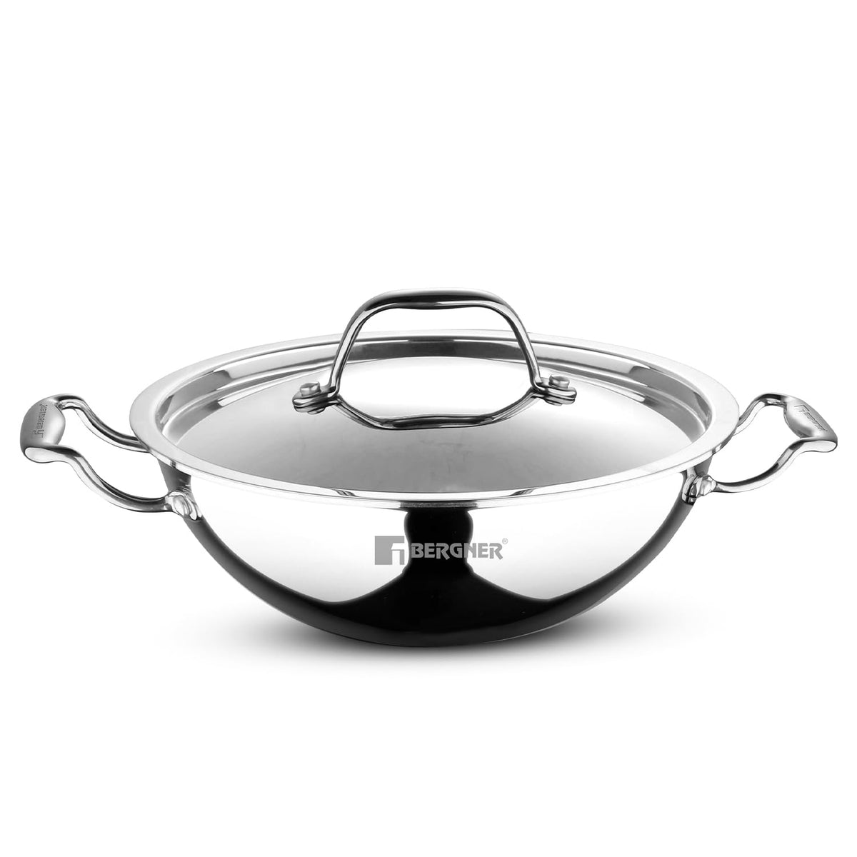 Bergner Argent TriPly Stainless Steel 32 cm Kadai with Stainless Steel Lid, 5.8 L Kadhai/Karai with Lid, Food Safe, Stay Cool Cast Handles, Dishwasher Safe, Induction and Gas Ready, 5-Year Warranty
