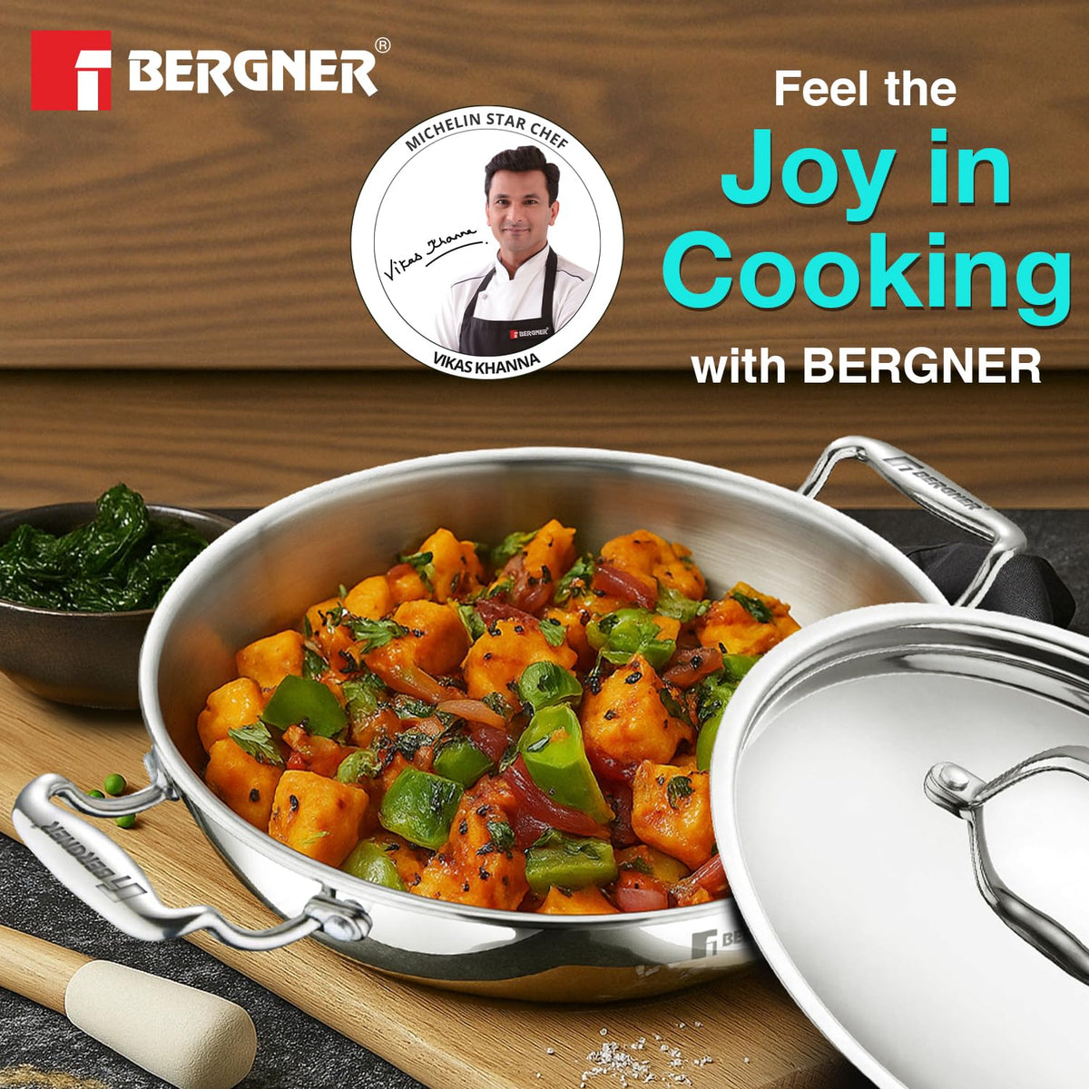 BERGNER Argent Triply 34cm Kadai with Stainless Steel Lid, 7.8 Liters Large Kadhai, Even and Faster Heating, Consumes Less Oil, Healthy Cooking, Stay Cool Cast Handles - Induction and Gas Stove Ready