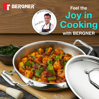 BERGNER Argent Triply 34cm Kadai with Stainless Steel Lid, 7.8 Liters Large Kadhai, Even and Faster Heating, Consumes Less Oil, Healthy Cooking, Stay Cool Cast Handles - Induction and Gas Stove Ready