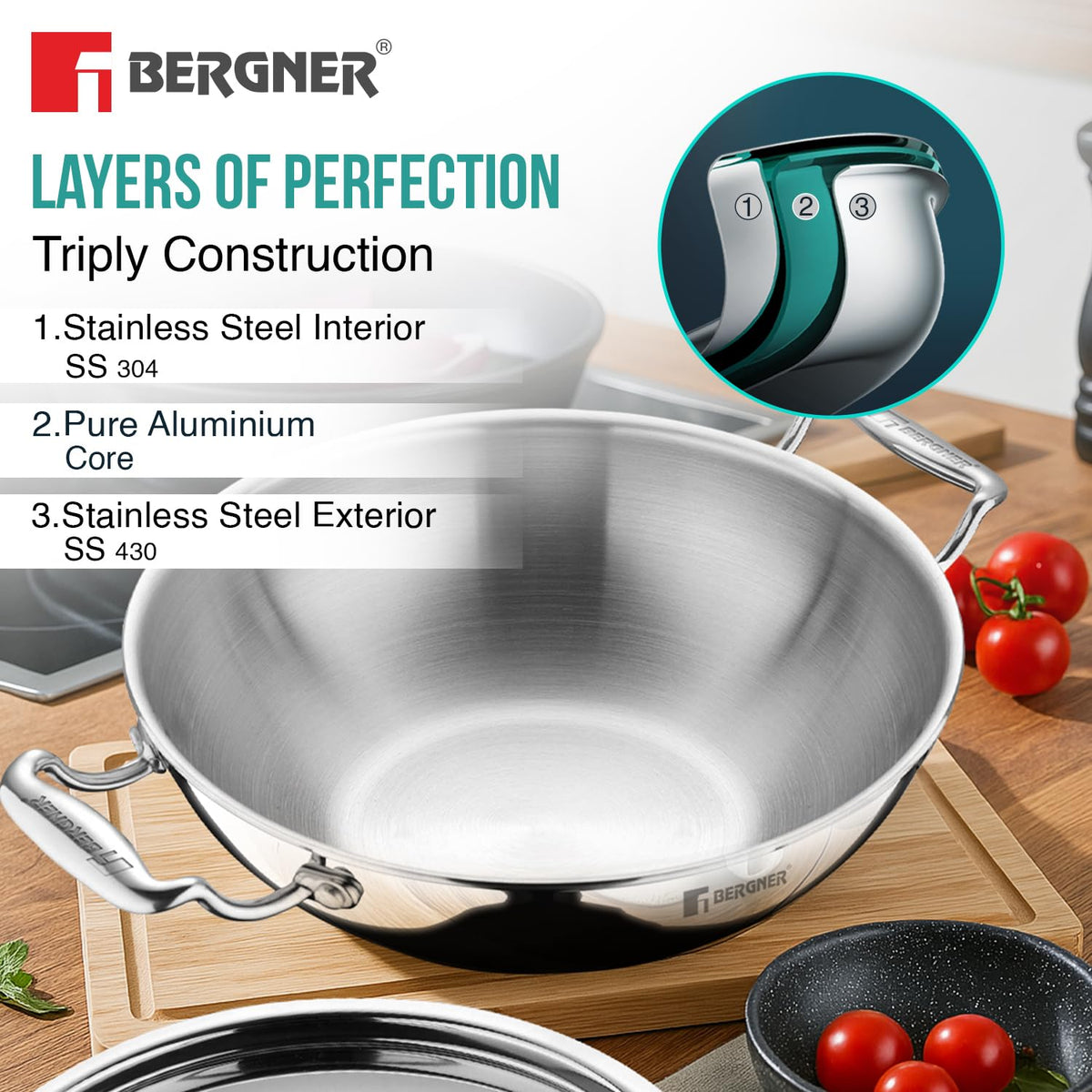 BERGNER Argent Triply 34cm Kadai with Stainless Steel Lid, 7.8 Liters Large Kadhai, Even and Faster Heating, Consumes Less Oil, Healthy Cooking, Stay Cool Cast Handles - Induction and Gas Stove Ready