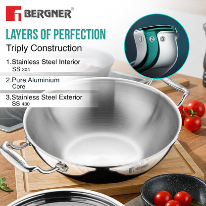 BERGNER Argent Triply 34cm Kadai with Stainless Steel Lid, 7.8 Liters Large Kadhai, Even and Faster Heating, Consumes Less Oil, Healthy Cooking, Stay Cool Cast Handles - Induction and Gas Stove Ready
