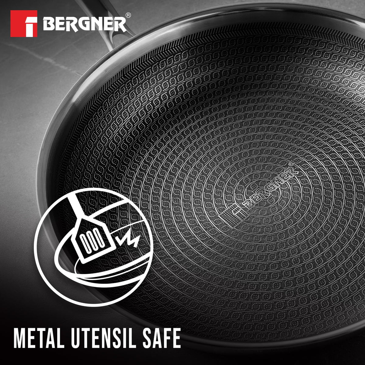 BERGNER Hi-Tech Giro Triply Stainless Steel 24cm Frypan with Glass Lid, Honeycomb Mesh Non-Stick Coating, PFOA Free, Consumes Less Oil, Healthy Cooking, Even Heat Distribution - Induction Bottom