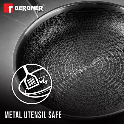 BERGNER Hi-Tech Giro Triply Stainless Steel 18cm Frypan, Honeycomb Mesh Non-Stick Coating, PFOA Free, Consumes Less Oil, Healthy Cooking, Even Heat Distribution - Induction and Gas Stove Ready