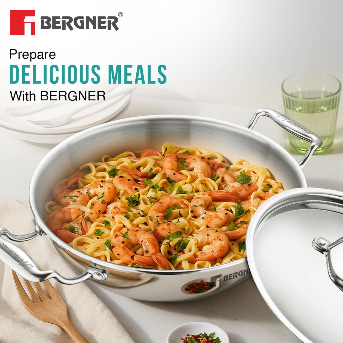 BERGNER Argent Triply 34cm Kadai with Stainless Steel Lid, 7.8 Liters Large Kadhai, Even and Faster Heating, Consumes Less Oil, Healthy Cooking, Stay Cool Cast Handles - Induction and Gas Stove Ready
